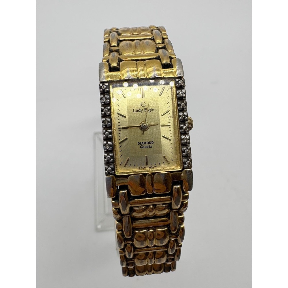 Lady Elgin Diamond Quartz Watch Gold Tone Rectangle Dial‎ EV270-017 Vintage Mens